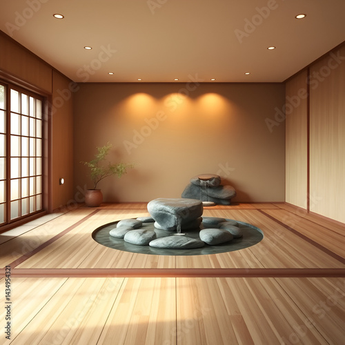 A serene Zen meditation room 3D background with soft warm lighting, natural bamboo floors, and a rock garden in the center. A small waterfall trickles peacefully in the corner, and the air is filled