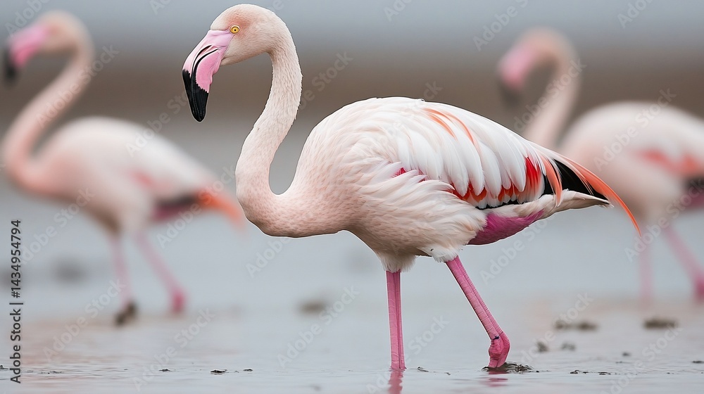 Pink flamingos wading in shallow water, feathers detailed