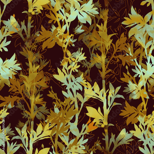 Seamless botanical pattern with vertical plant silhouettes and watercolor texture. Stylized leaves, soft contrast, repeating layout for surface design and textile use.