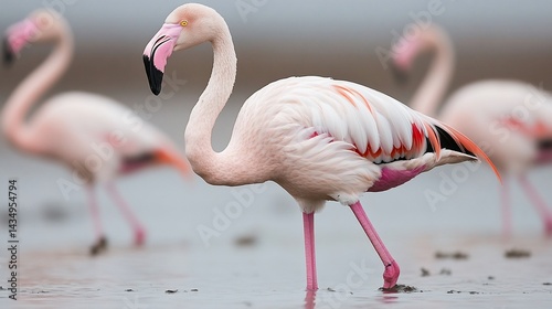 Obraz na płótnie Pink flamingos wading in shallow water, feathers detailed w salonie