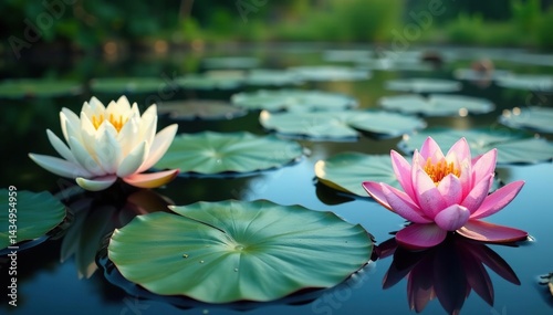 Water lilies forming a floral pattern on serene lake surface , water lily, floral, calm