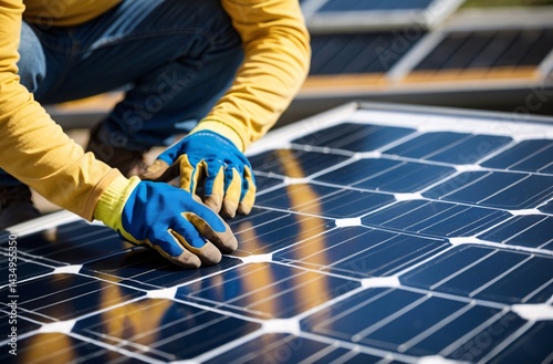 Technician handling solar panel installation outdoors
