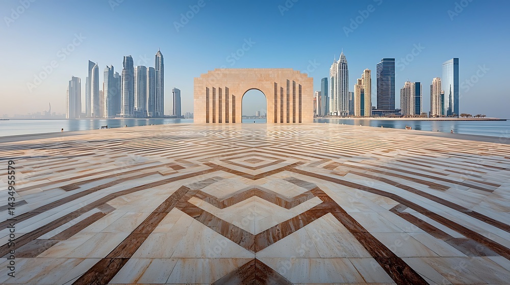 Fototapeta premium Cityscape with archway, tiled foreground, and modern skyscrapers