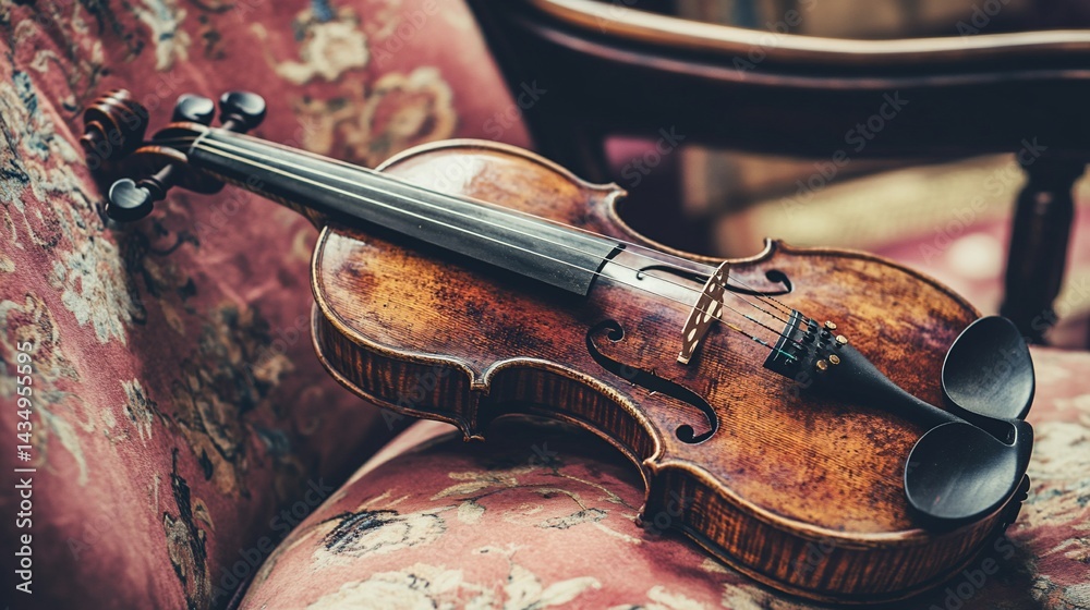 Antique violin resting on vintage armchair