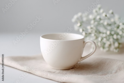 Wallpaper Mural serene cafe scene featuring minimalist table setting with single white cup against neutral background Torontodigital.ca