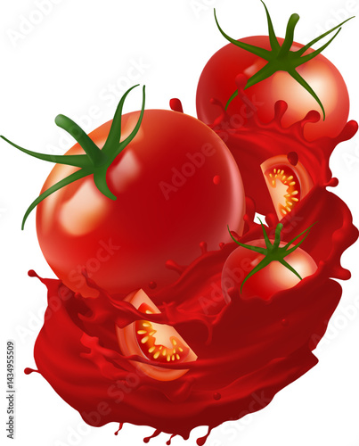 Splashing juice with red tomato realistic design for juice illustration