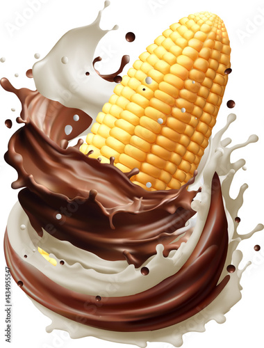 Corn kernels rotating with milk and chocolate splash, isolated on white background. Flying food concept, healthy eating. Fresh corn