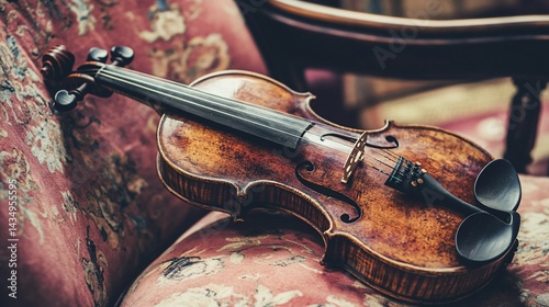 Obraz na płótnie Antique violin resting on vintage armchair w salonie