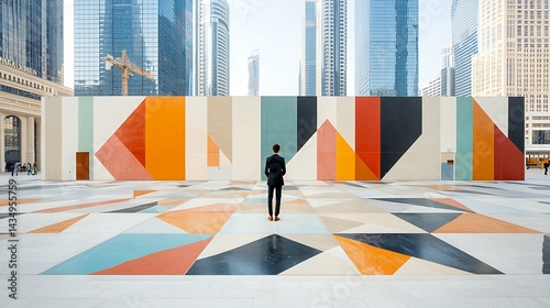 Man facing colorful mural, geometric floor in city