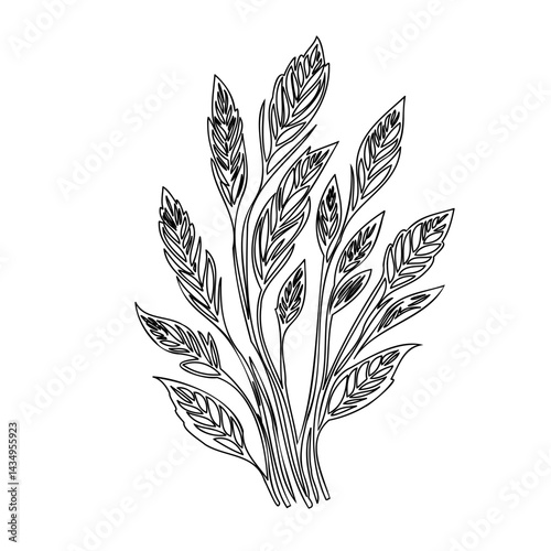 Elegant botanical illustration featuring stylized leaves and stems in monochrome outline