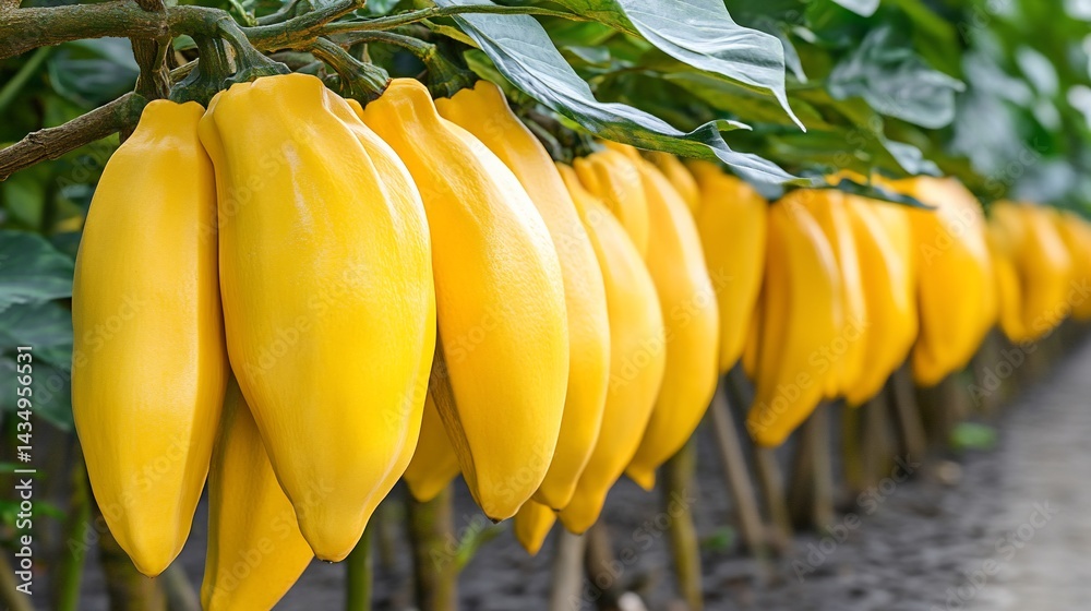 Ripe, yellow, elongated fruits hanging on a tree