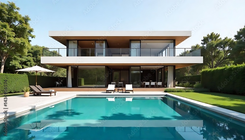 Fototapeta premium A sleek, modern house with large windows and an outdoor pool in front of it. The exterior is white with black accents, creating a clean aesthetic. Created with generative ai