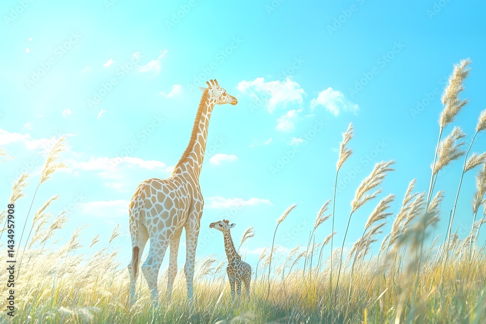 Obraz premium Two giraffes standing in tall grass under a bright blue sky with scattered white clouds above them all