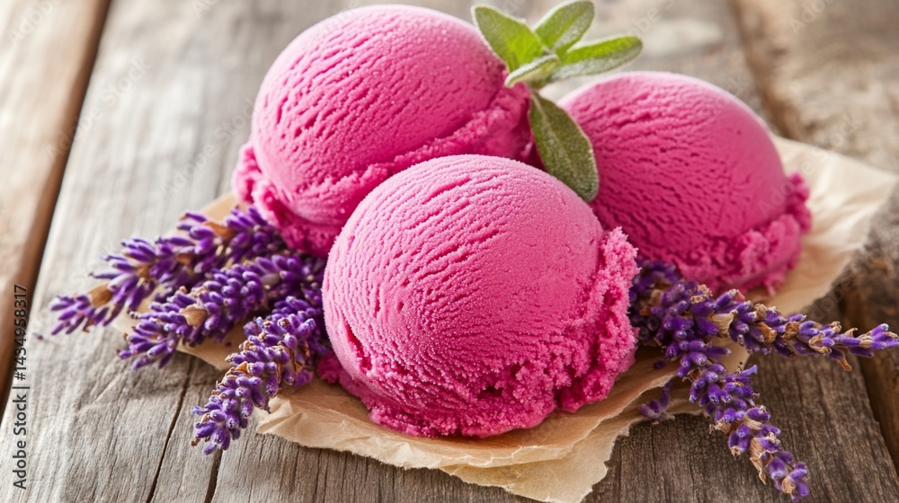 Three scoops of pink ice cream with lavender on rustic wooden surface