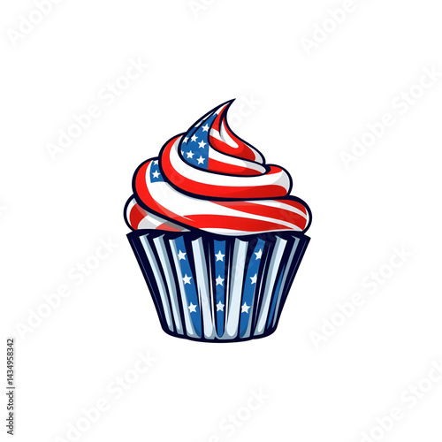 Stylist cupcake with design of American flag isolated on transparent white background, clopping path, PNG.