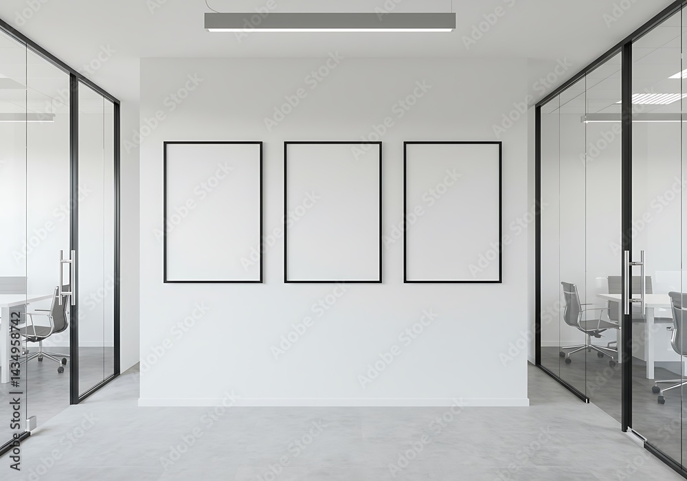 Three blank framed posters on a white wall in a modern office space with glass enclosed rooms on either side Three blank framed posters on a white wall in a modern office space with glass enclosed rooms on either side