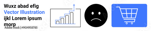 Bar chart with declining trend, sad face, and shopping cart suggest market drops, e-commerce issues, or emotional responses. Ideal for business, finance, analysis, e-commerce strategy consumer