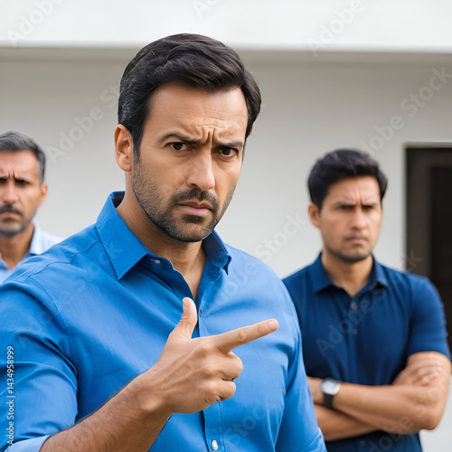 A man in a blue shirt making a disapproving face while another man in the background points at him.