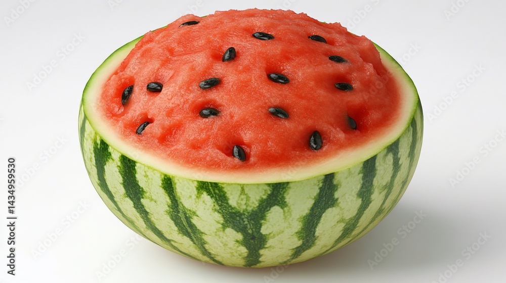 Juicy red watermelon half, seeds visible, green rind