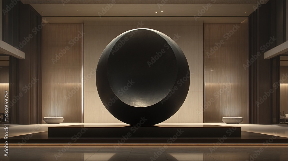 Sleek, modern lobby. Large black sculpture dominates the interior space