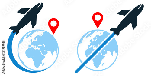 Travel concept icon vector illustrating essential elements of modern tourism, including airplane, suitcase, map, and location pin. Perfect for travel apps, booking platforms, and vacation planning.​