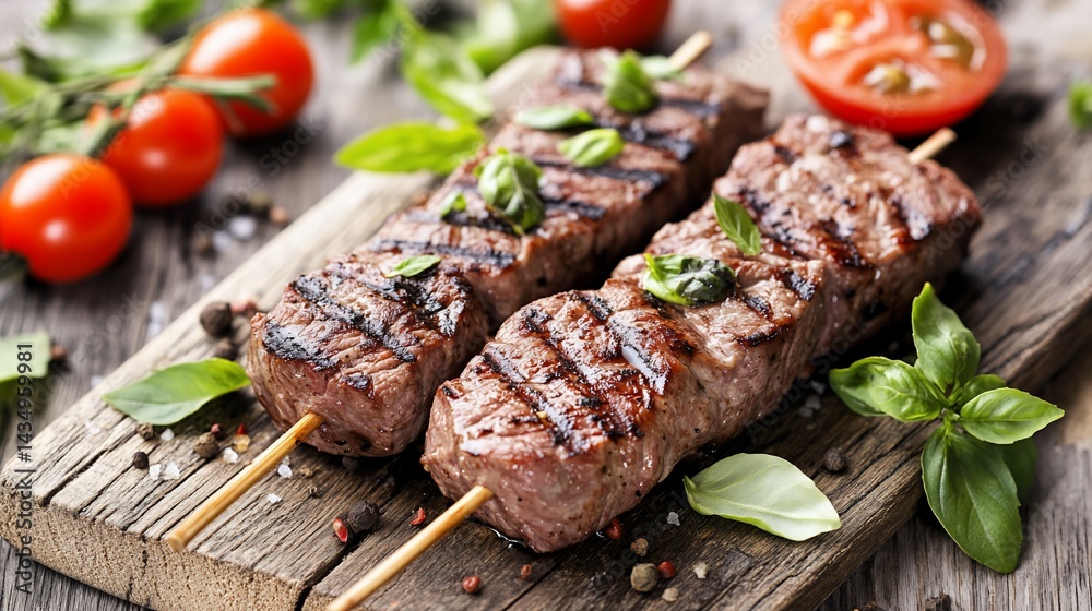 Grilled beef skewers with fresh herbs and tomatoes