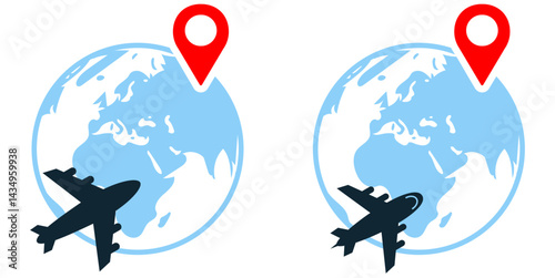 Travel concept icon vector illustrating essential elements of modern tourism, including airplane, suitcase, map, and location pin. Perfect for travel apps, booking platforms, and vacation planning.​