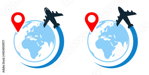 Travel concept icon vector illustrating essential elements of modern tourism, including airplane, suitcase, map, and location pin. Perfect for travel apps, booking platforms, and vacation planning.​