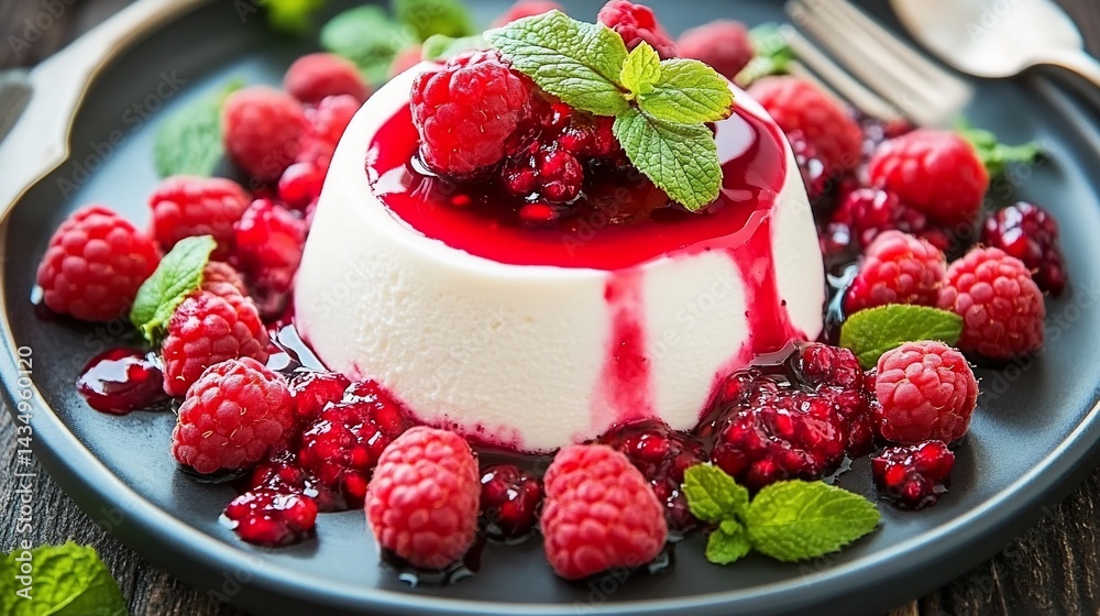 Creamy white Panna Cotta, garnished with fresh raspberries and mint, drizzled with rich red sauce