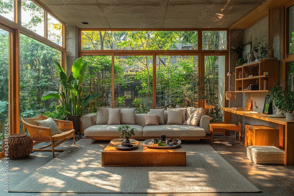 Fototapeta premium Spacious, modern living room with abundant natural light.