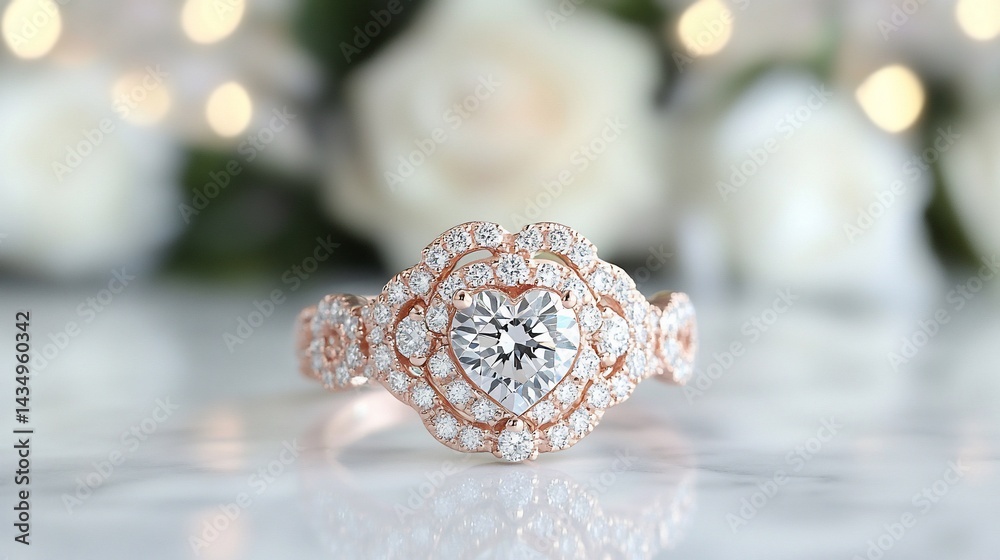Heart-shaped diamond ring, rose gold setting, with blurred background