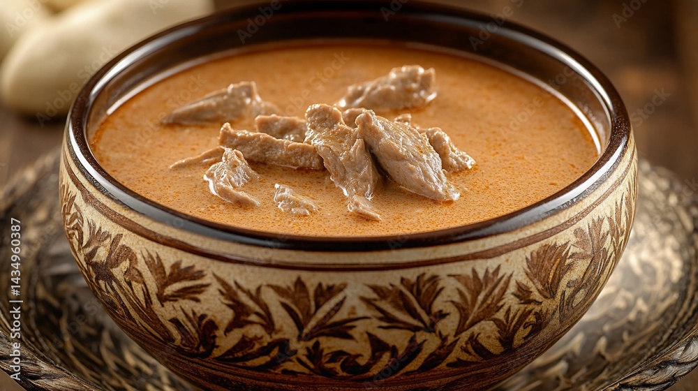 Hearty meat soup in a decorative bowl