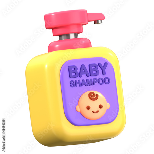 3D icon of a baby shampoo bottle with pump and baby label, ideal for baby hygiene apps, parenting UI, or infant care product icon collections.