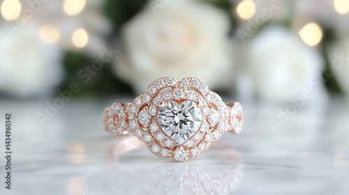 Obraz na płótnie Heart-shaped diamond ring, rose gold setting, with blurred background w salonie
