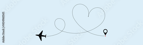 plane symbol with dotted line route. design for travel, honeymoon, holiday. transparent . Hearted plane path drawing. Vector illustration