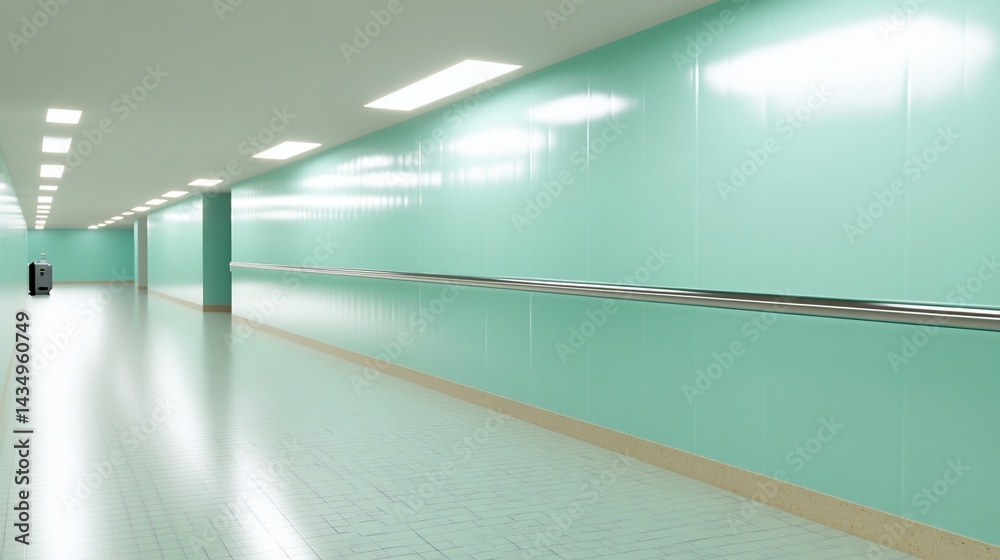 Empty hospital corridor, light teal walls, smooth surfaces