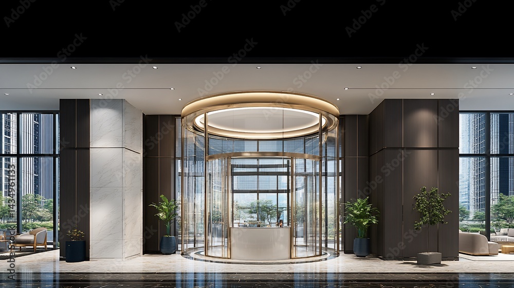 Modern hotel entrance with revolving doors