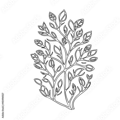 Delicate botanical outline illustration, a stylized arboreal pattern with leafy adornments