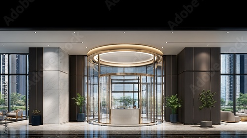 Modern hotel entrance with revolving doors