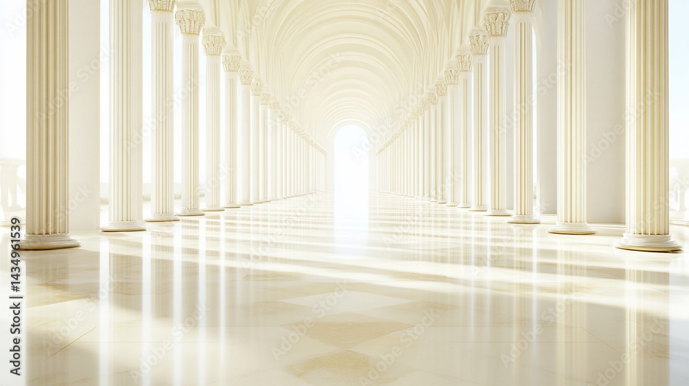 Grand colonnaded hall. Sunlight streams through