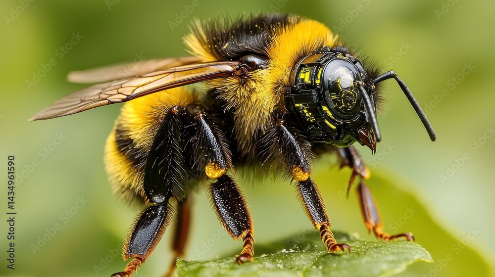 A striking close-up view of a robotic bee on a leaf, blending nature and technology. A striking close-up view of a robotic bee on a leaf, blending nature and technology.