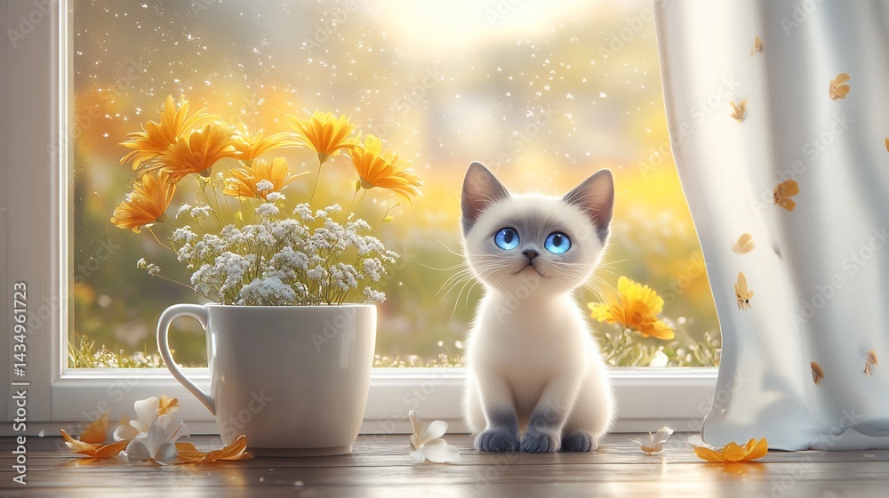 Cute kitten by window, autumn flowers