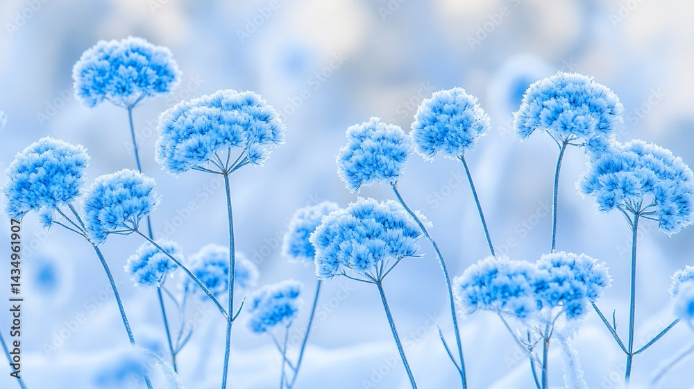 Frosty blue flowers in a blurred, wintery field with delicate details