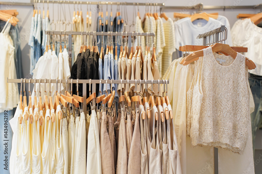 Fashion stylish casual clothes display. Image and stylish services, selection of colors, types. Capsule summer wardrobe