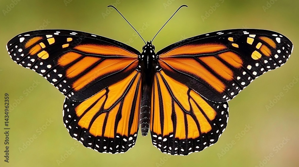 Monarch butterfly, orange and black wings, green background