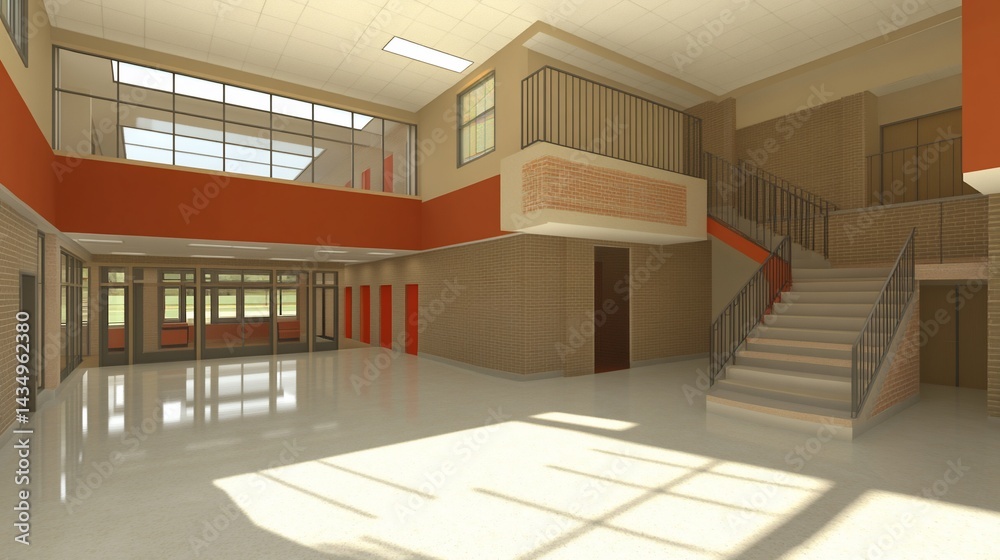 Spacious school interior with stairs, windows, and orange accents