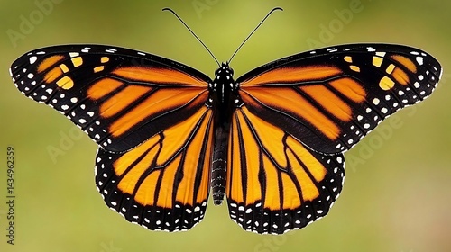Monarch butterfly, orange and black wings, green background