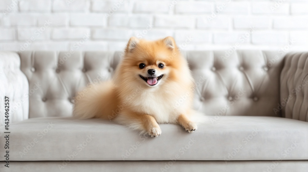 Adorable Pomeranian resting on a couch