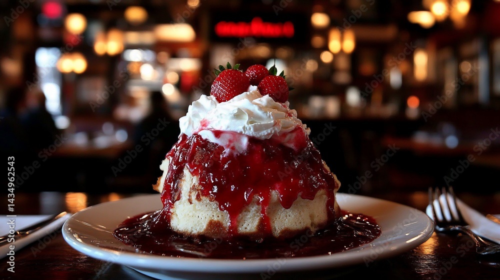 Delicious dessert, topped with whipped cream and fresh berries. A rich, sweet treat