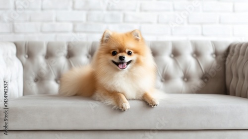 Obraz na płótnie Adorable Pomeranian resting on a couch w salonie